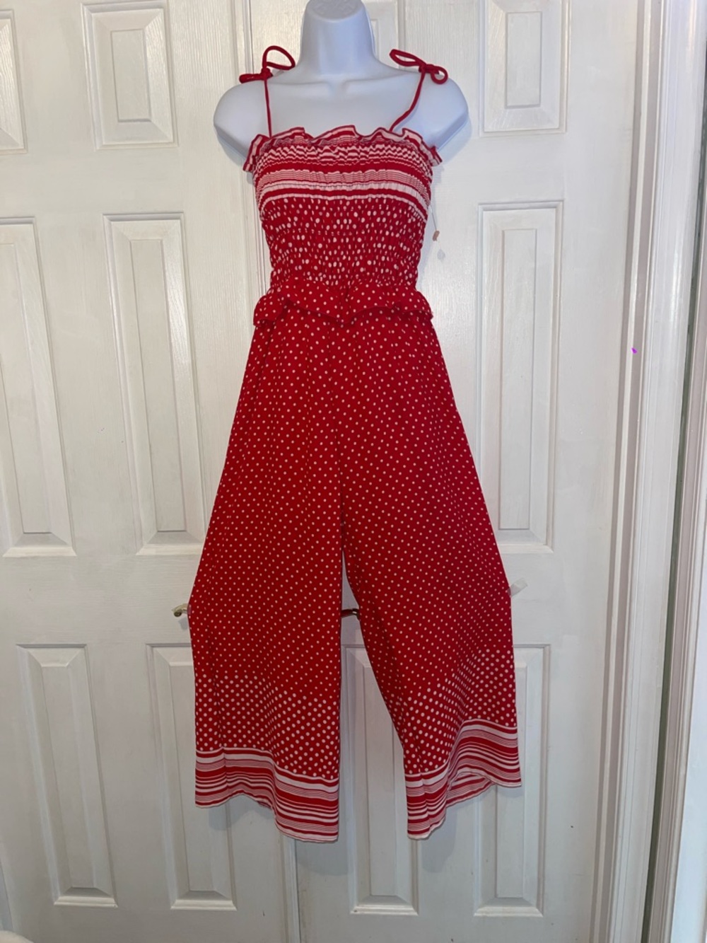 Miley Molly Red Polka Dot Smocked Wide-Leg Jumpsuit